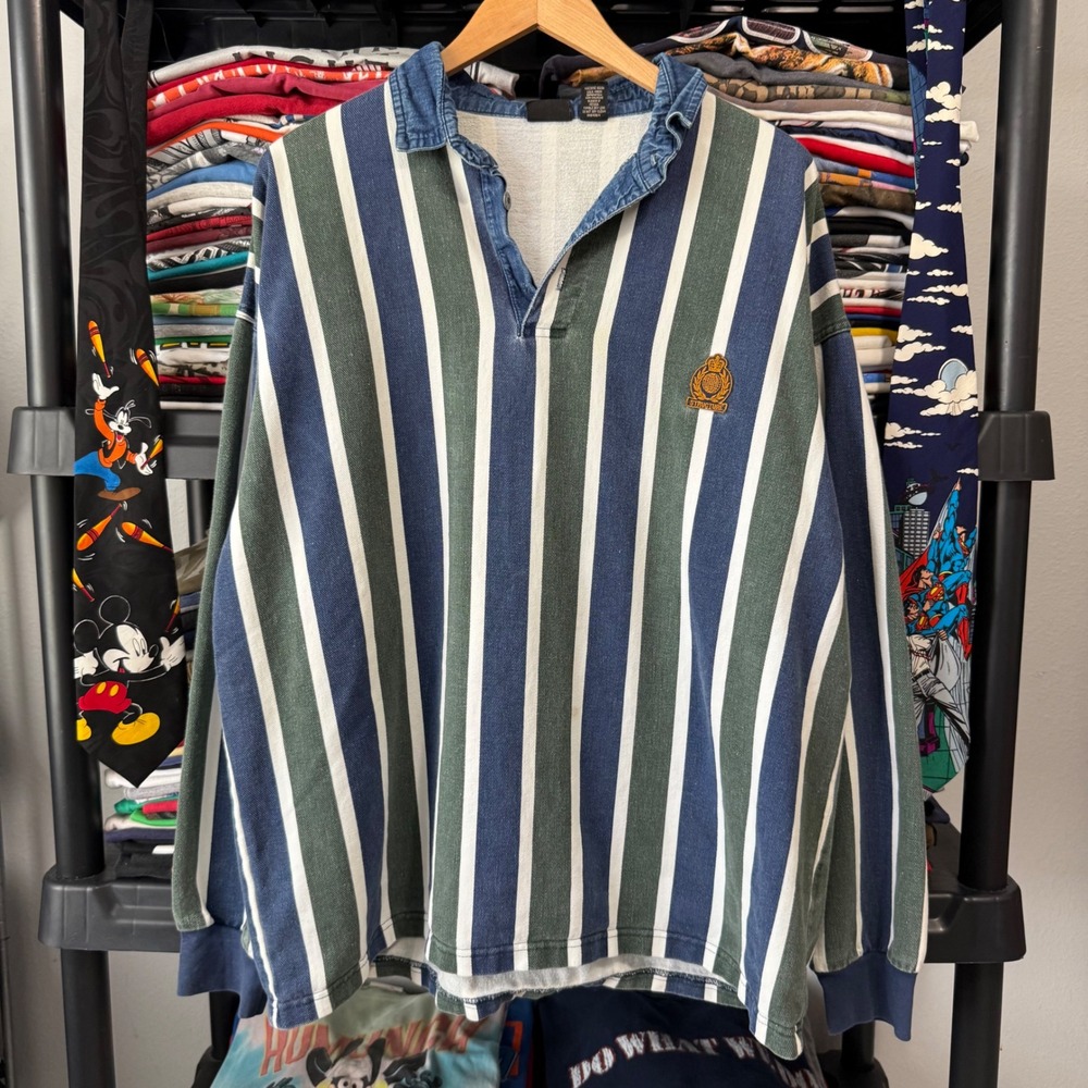 Vintage Blue Green Structure Striped Rugby Shirt XL